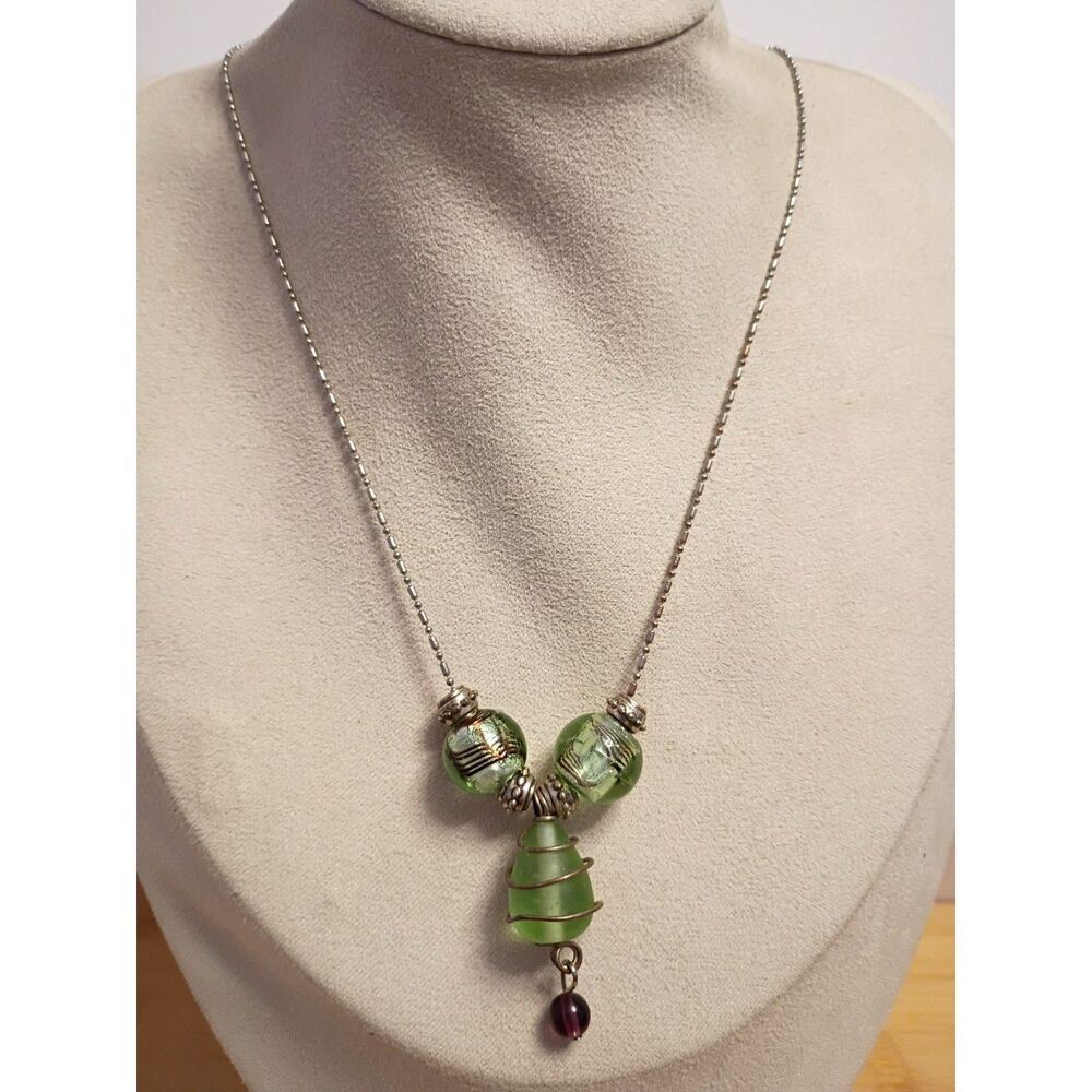 Vintage Necklace with Green Art Glass beads Silver Tone Foil and Wire Wrapped